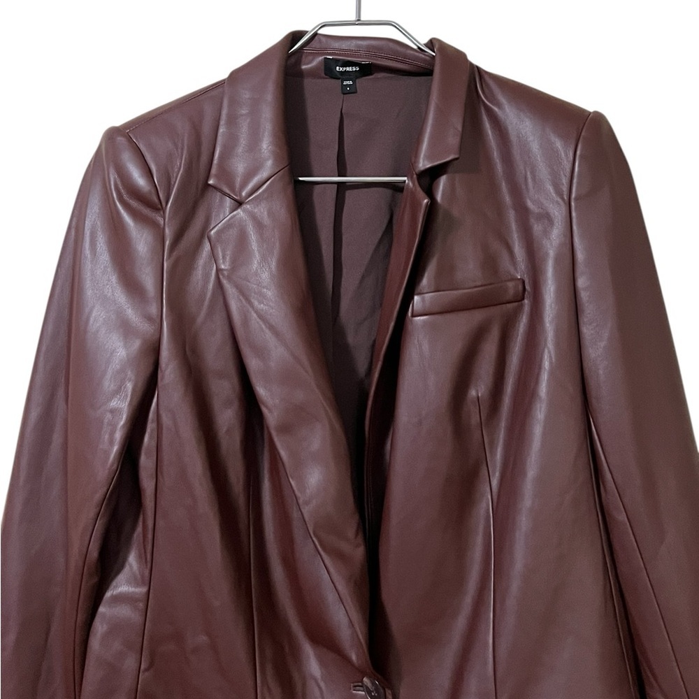 Express NWT chocolate brown faux leather cinched one button boyfriend blazer - Picture 7 of 16